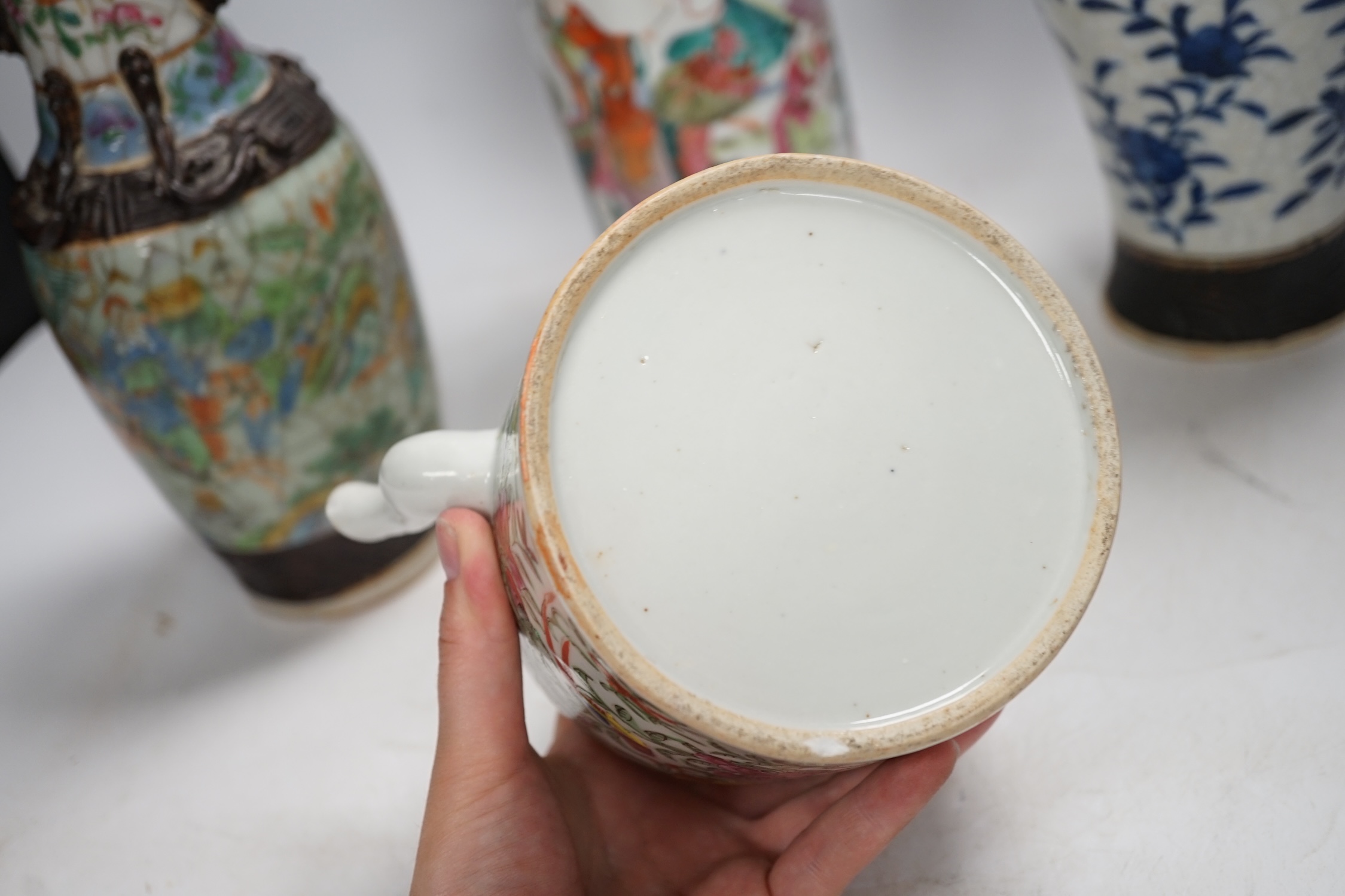 Three pairs of Chinese vases, a teapot, two bowls and a pair of miniature Satsuma vases, tallest item crackleware vases and covers 32cm high. Condition - poor
